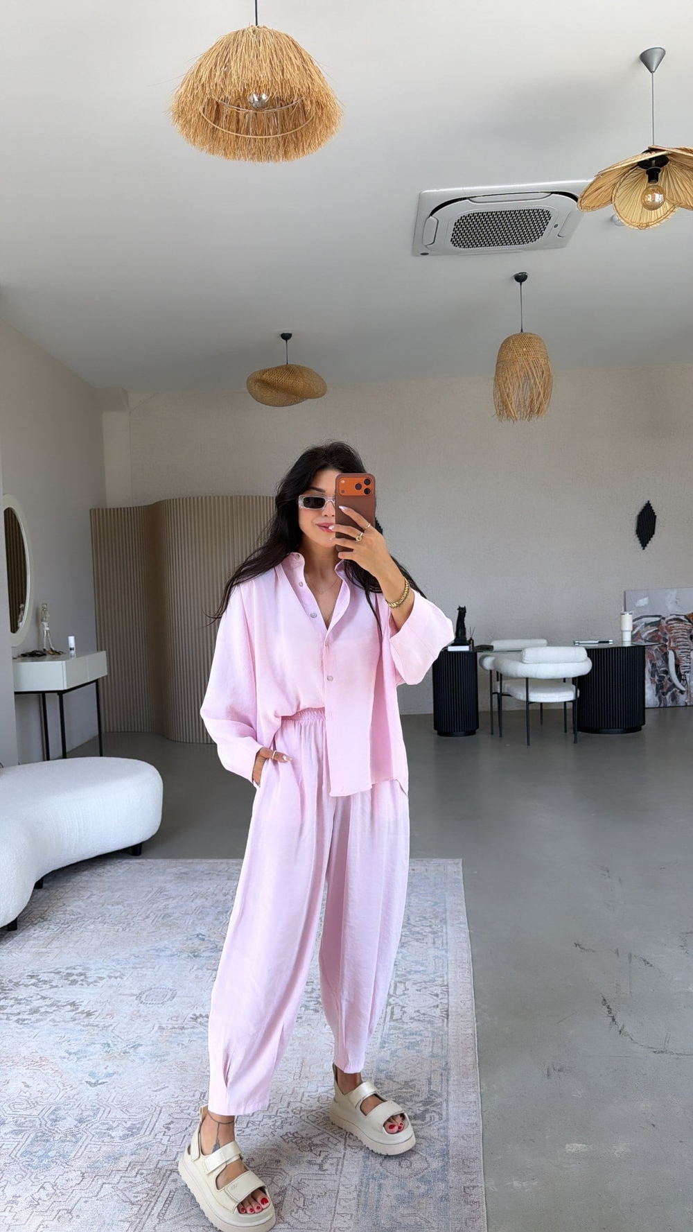 Pembe Baggy Pantolon Gömlek Tensel Takım