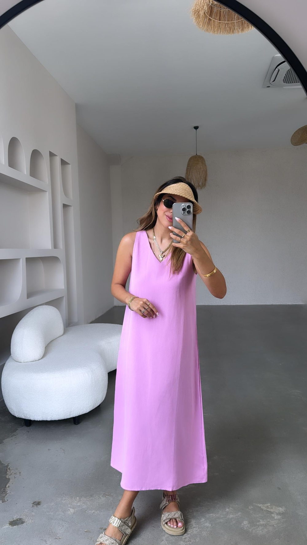 Pembe Basic V Yaka Keten Elbise