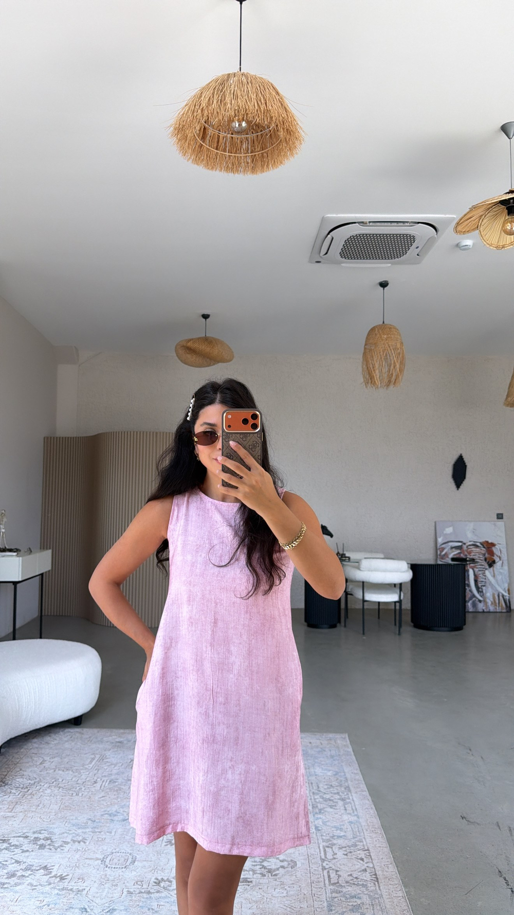 Pembe Basic Yıkamalı Kumaşlı Elbise