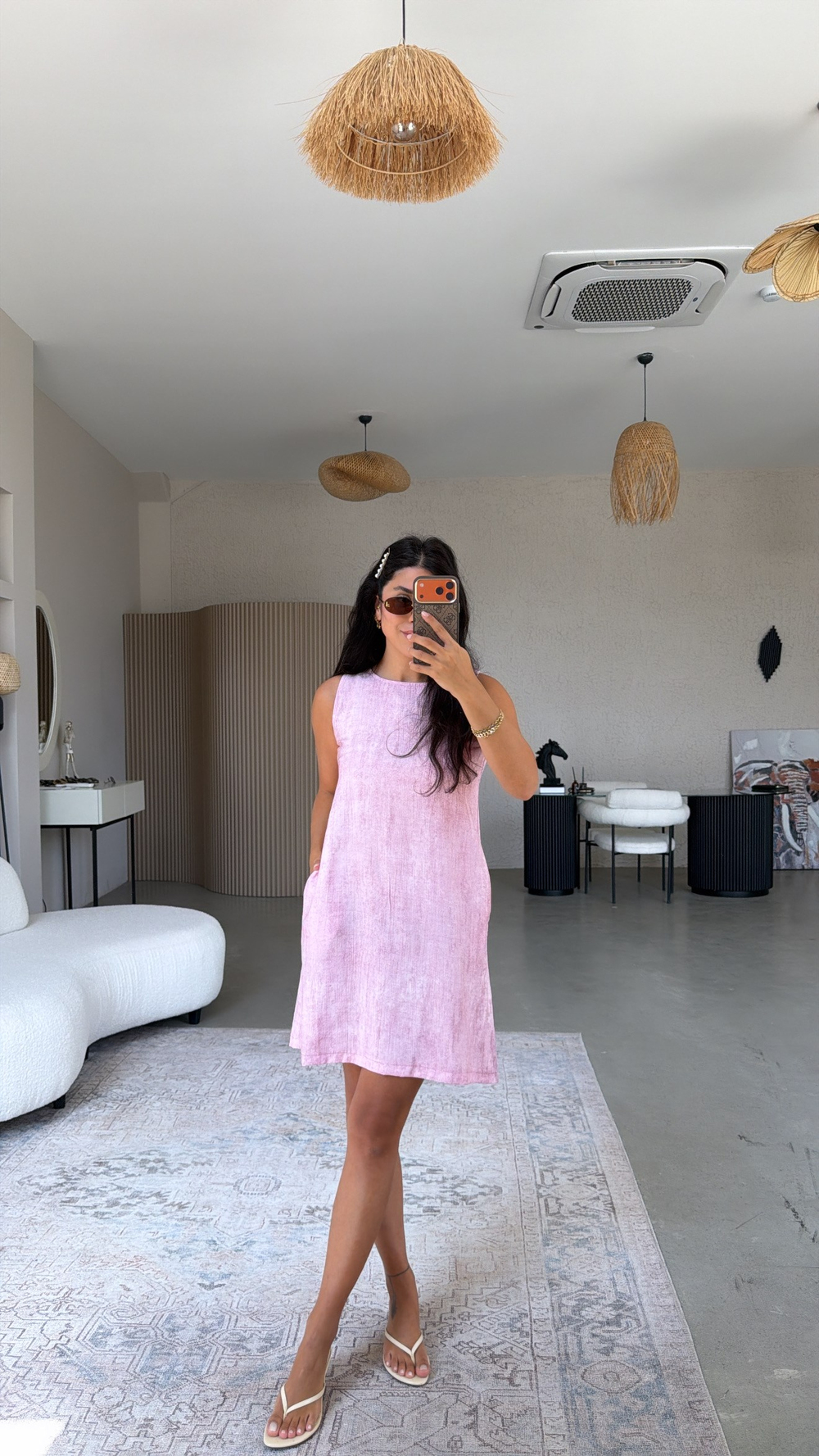 Pembe Basic Yıkamalı Kumaşlı Elbise