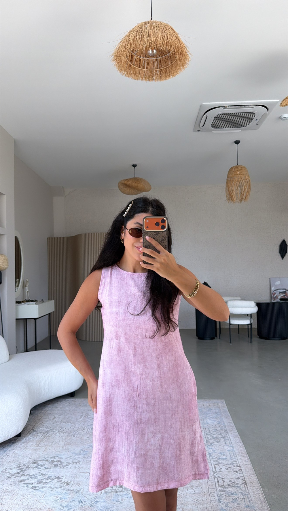 Pembe Basic Yıkamalı Kumaşlı Elbise