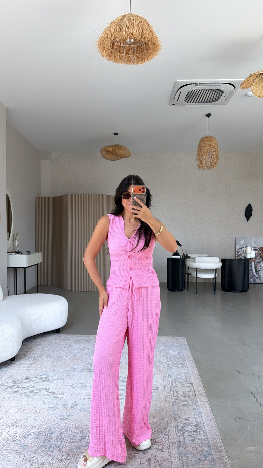Pembe Bubble Kumaş Yelek Pantolon Takım