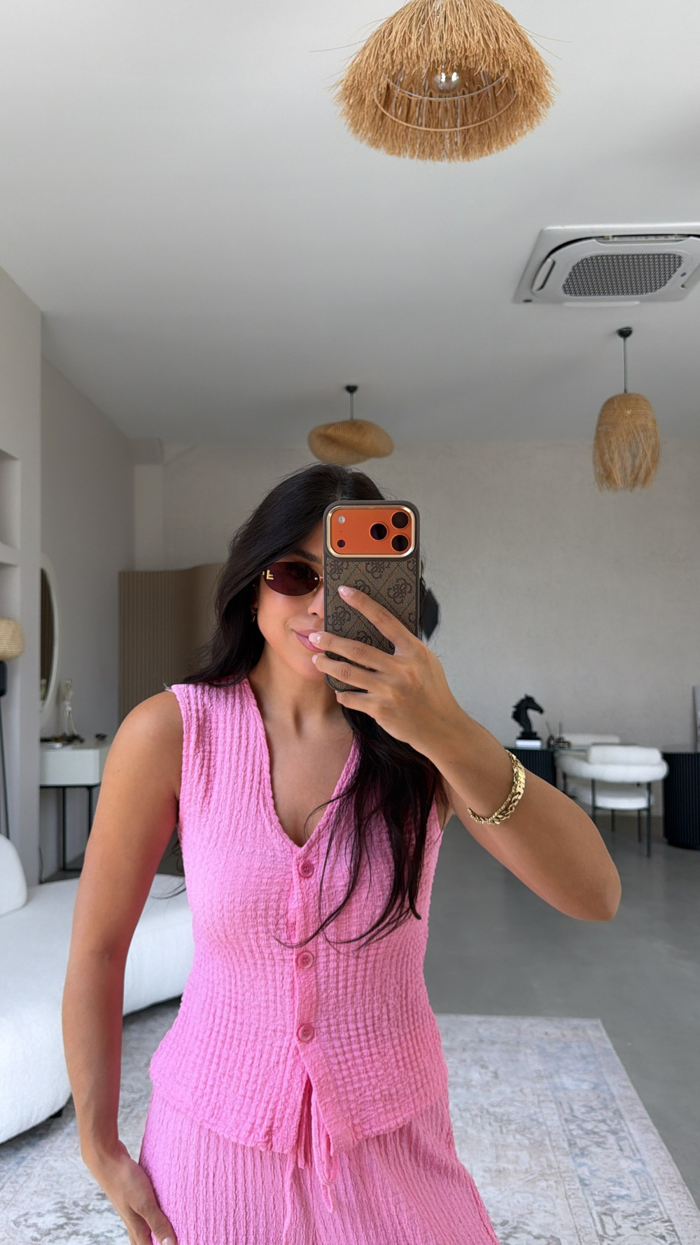 Pembe Bubble Kumaş Yelek Pantolon Takım