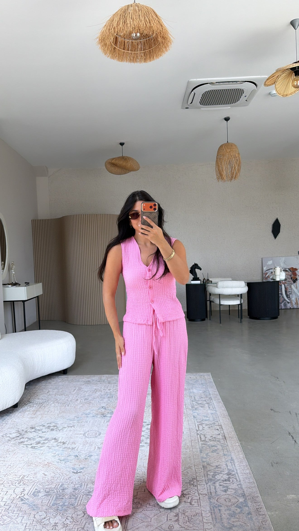 Pembe Bubble Kumaş Yelek Pantolon Takım