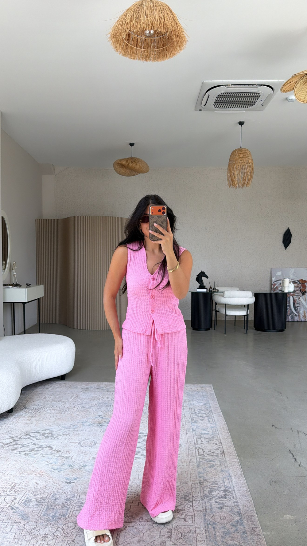 Pembe Bubble Kumaş Yelek Pantolon Takım