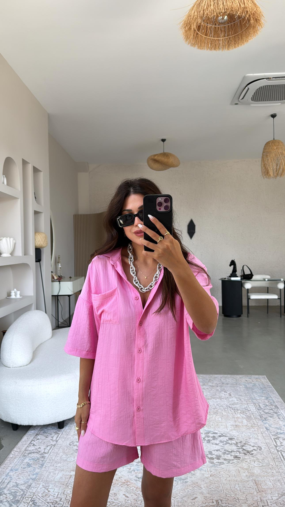 Pembe Çilek Kumaş Şort Gömlek Takım