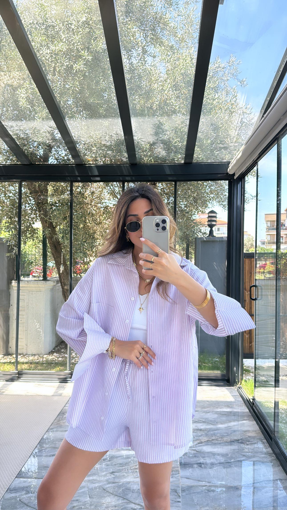 Pembe Çizgili Poplin Şortlu Takım