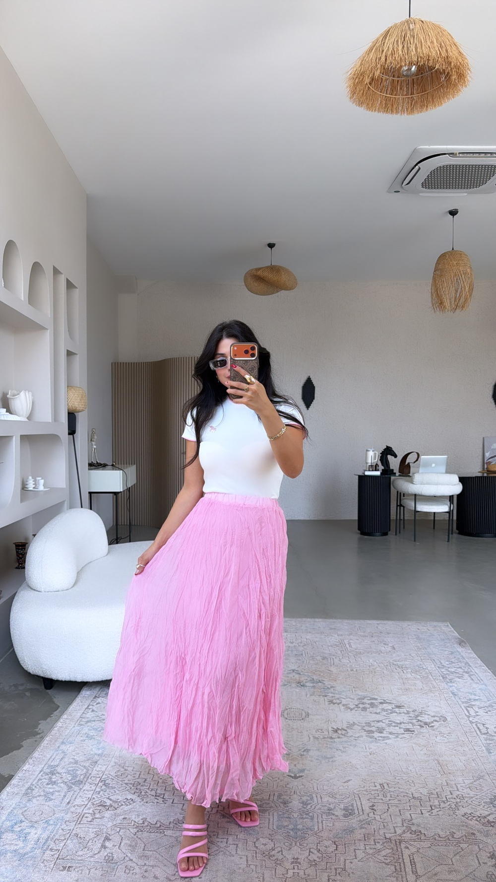 Pembe Dokuma Tensel Tam Boy Astarlı Kırışık Etek