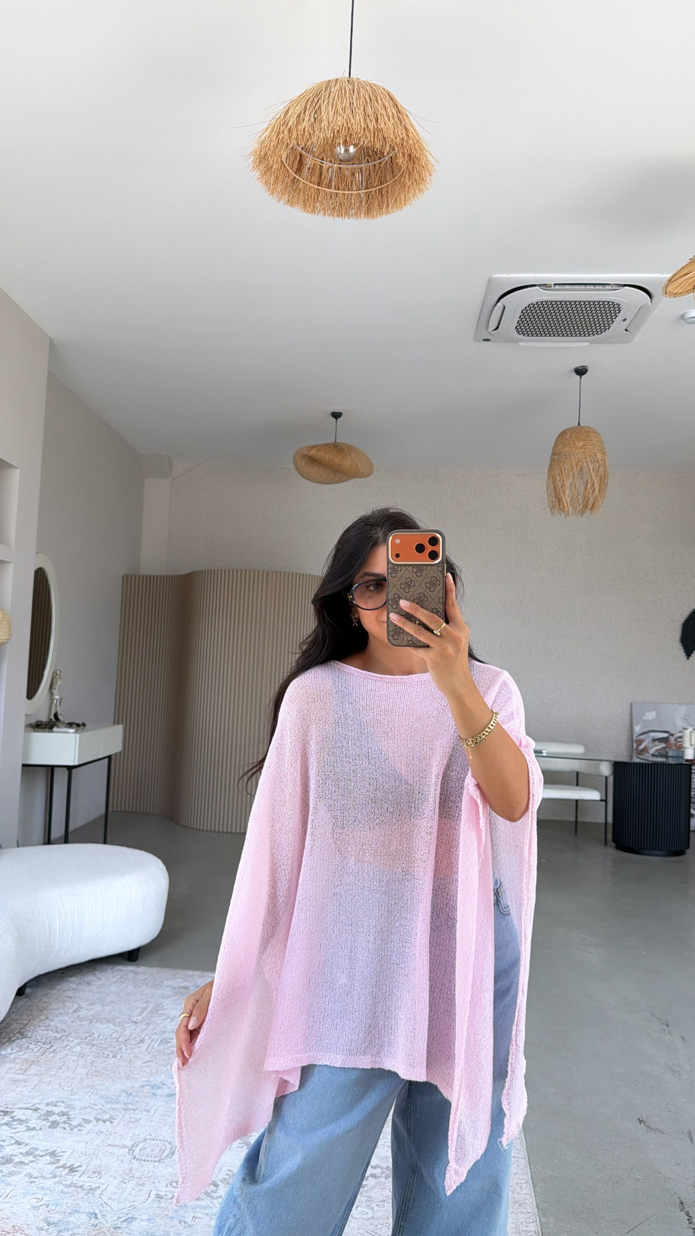 Pembe Düz İnce Triko Panço