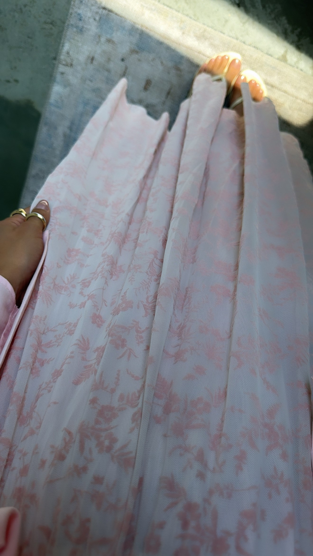 Pembe Flok Baskılı Beli Lastikli Etek