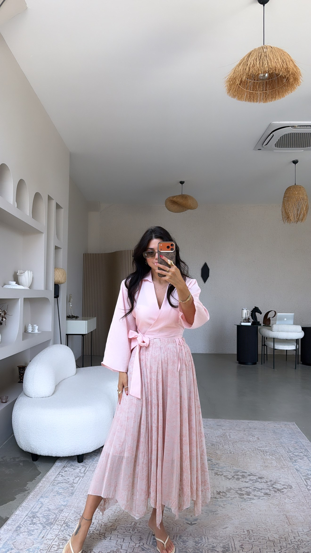Pembe Flok Baskılı Beli Lastikli Etek