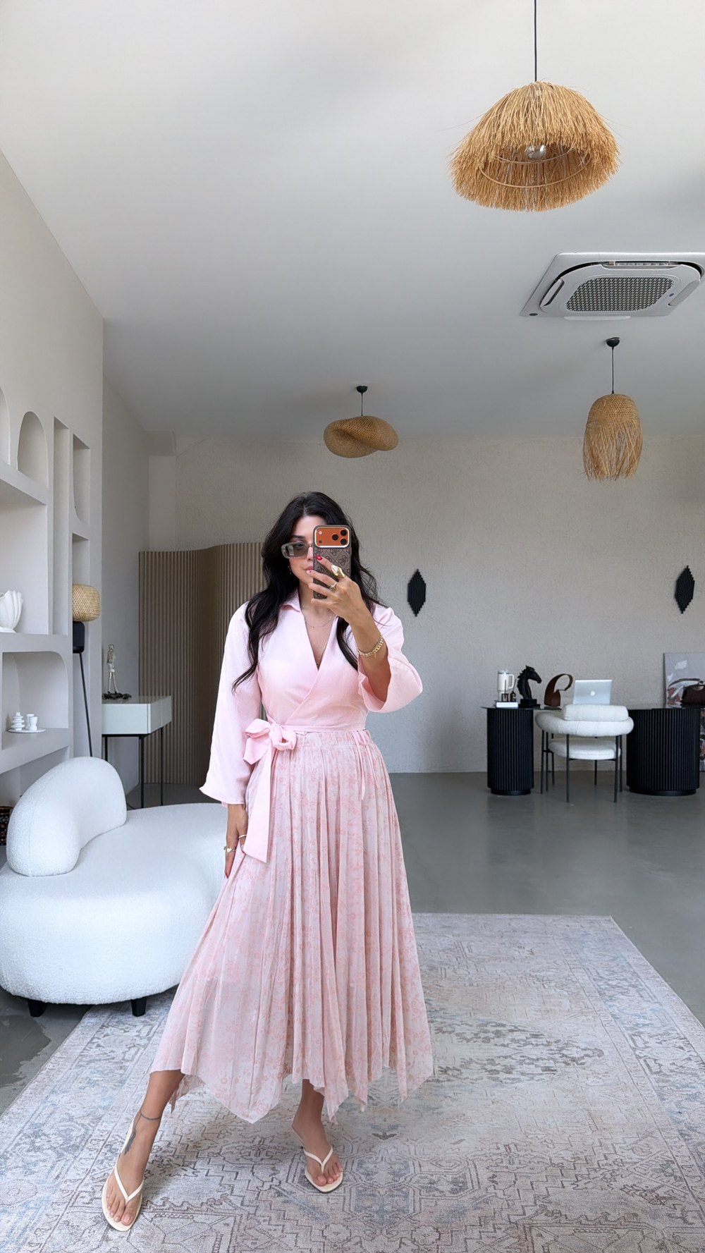 Pembe Flok Baskılı Beli Lastikli Etek