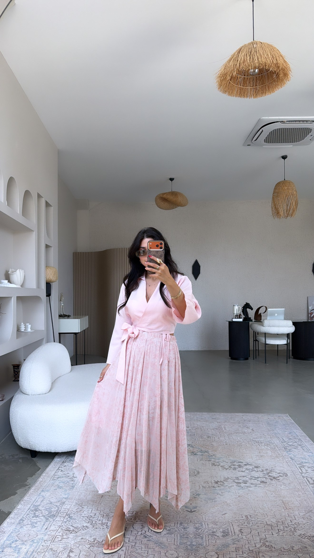 Pembe Flok Baskılı Beli Lastikli Etek