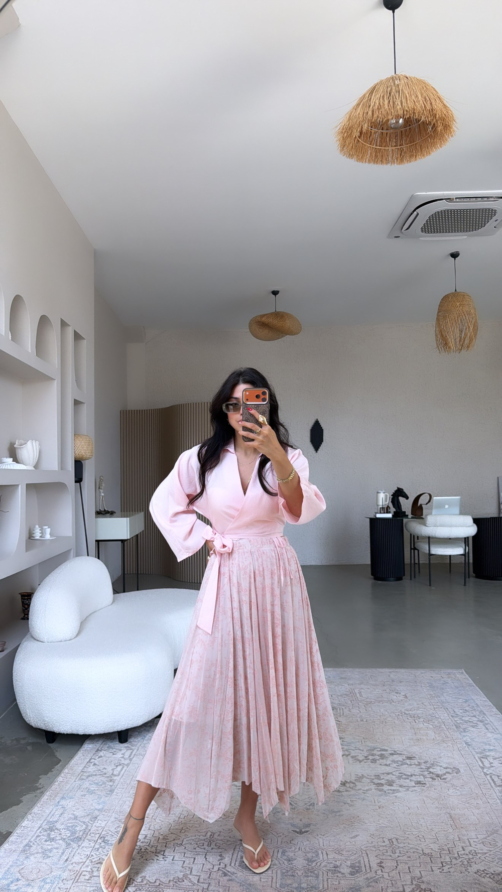 Pembe Flok Baskılı Beli Lastikli Etek