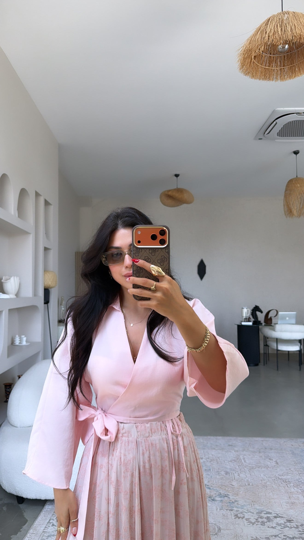 Pembe İpek Kumaşlı Kruvaze Gömlek Bluz