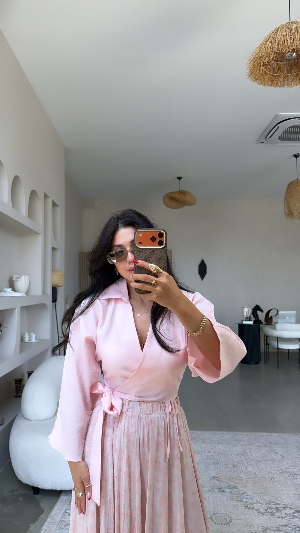 Pembe İpek Kumaşlı Kruvaze Gömlek Bluz