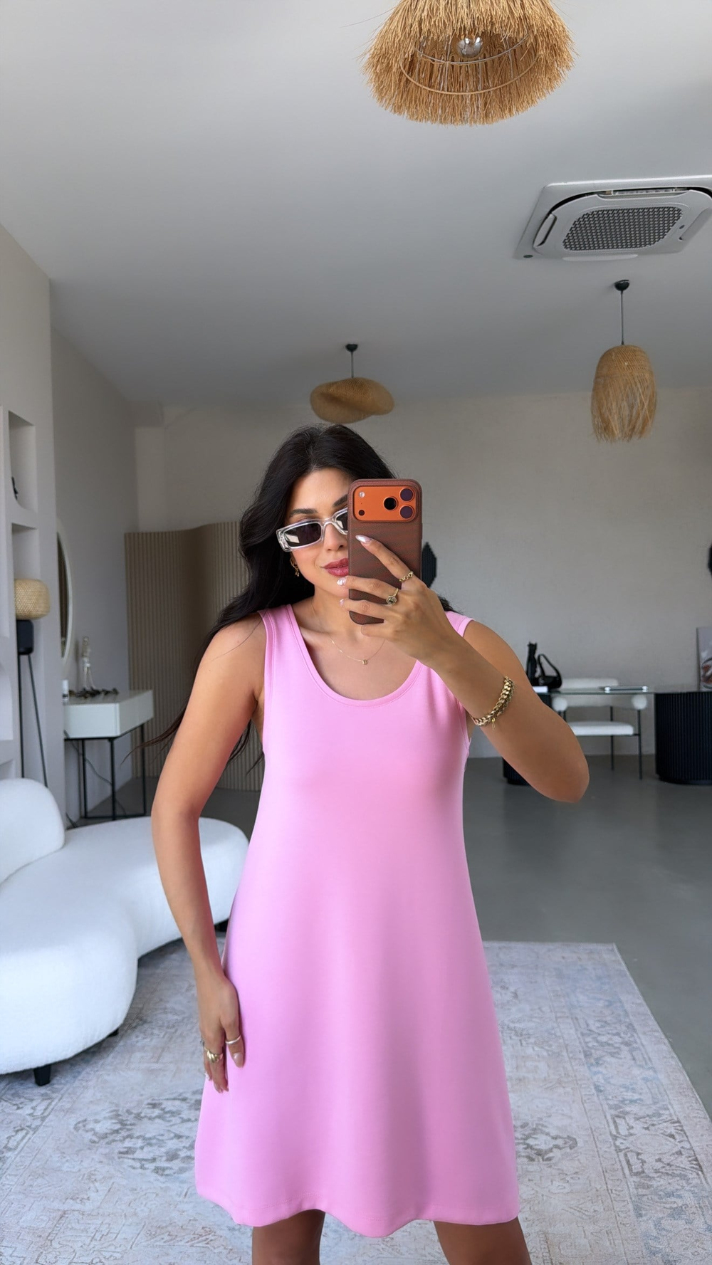 Pembe Kalın Askılı Basic Modal Elbise