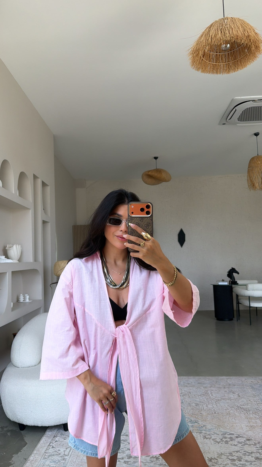 Pembe Keten Önden Bağlamalı Pareo Gömlek