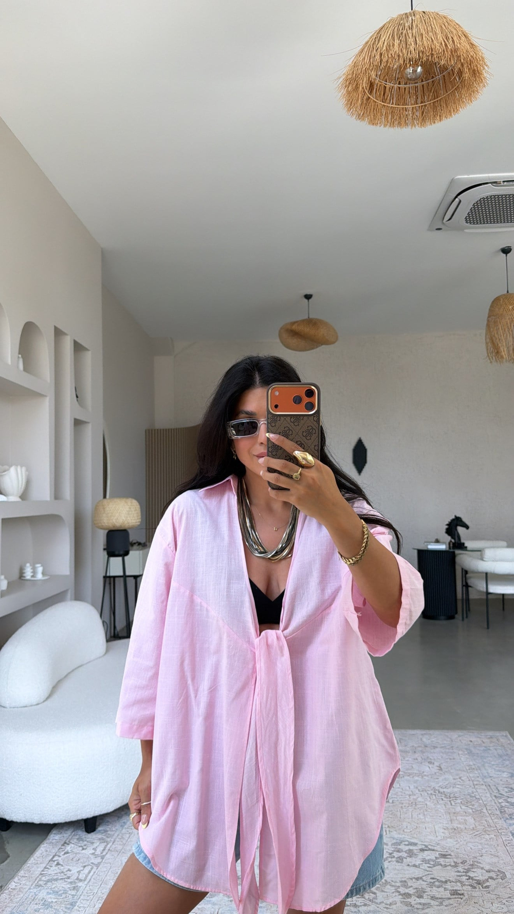 Pembe Keten Önden Bağlamalı Pareo Gömlek