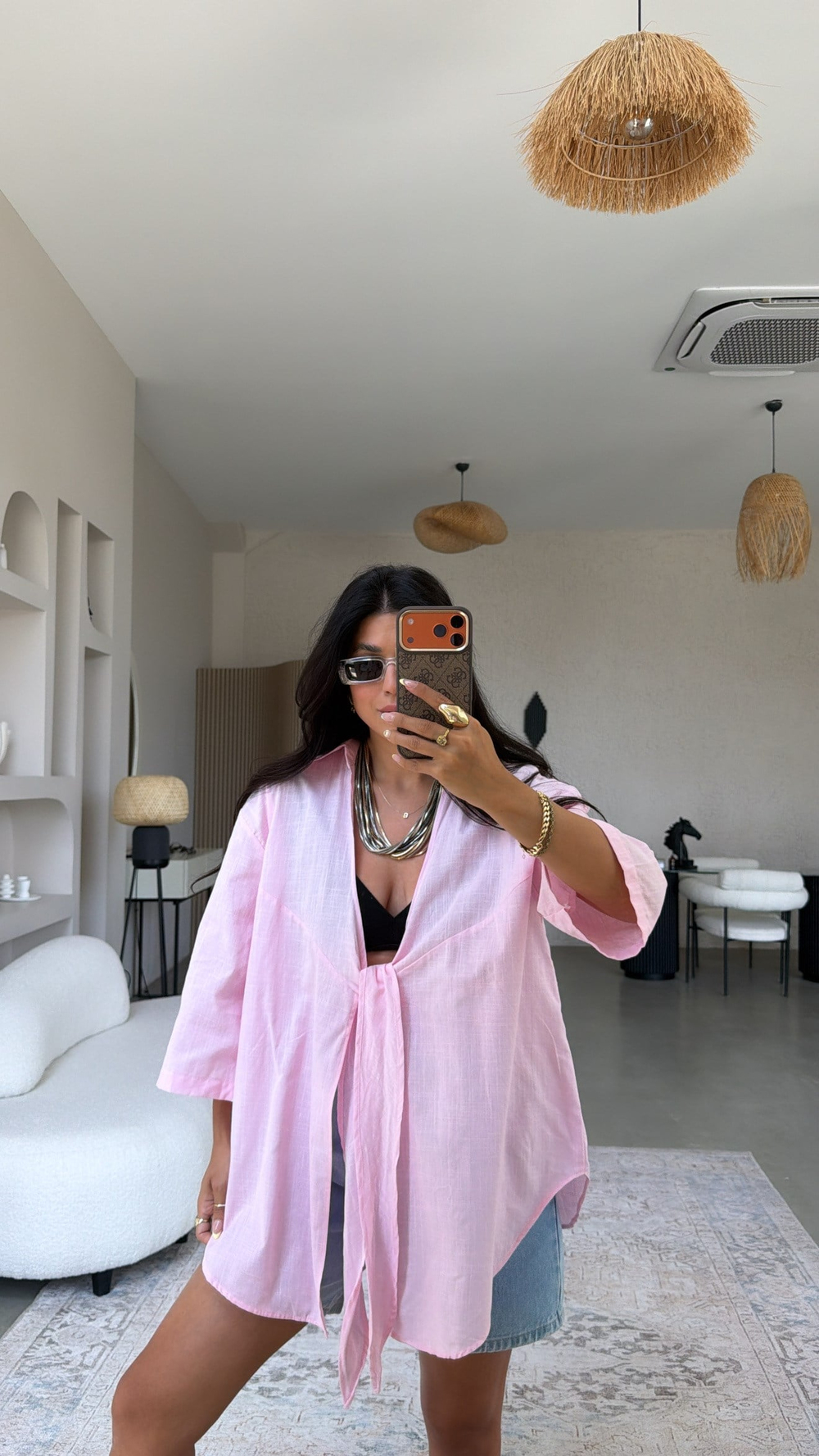 Pembe Keten Önden Bağlamalı Pareo Gömlek