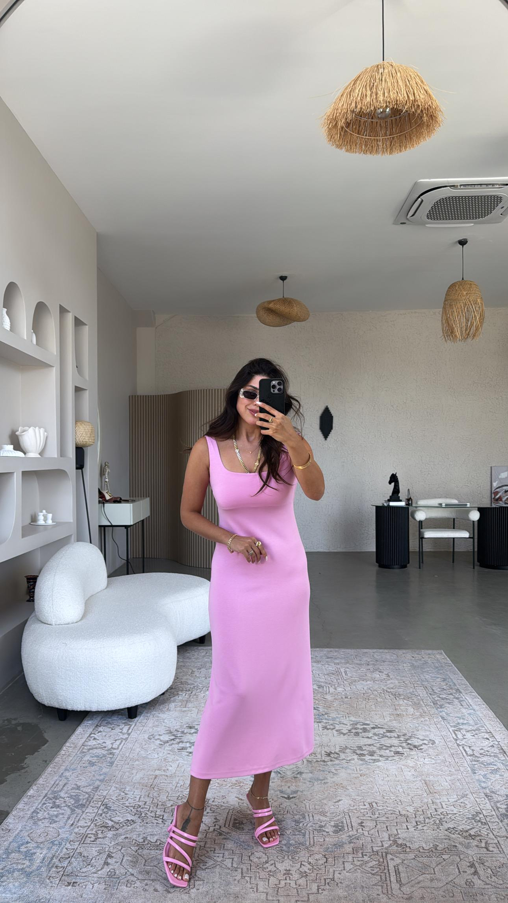 Pembe Modal Kare Yaka Elbise