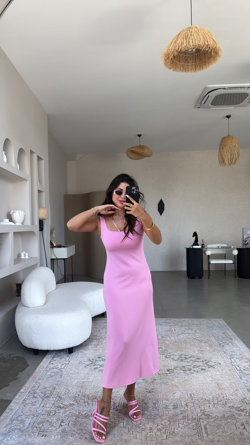Pembe Modal Kare Yaka Elbise