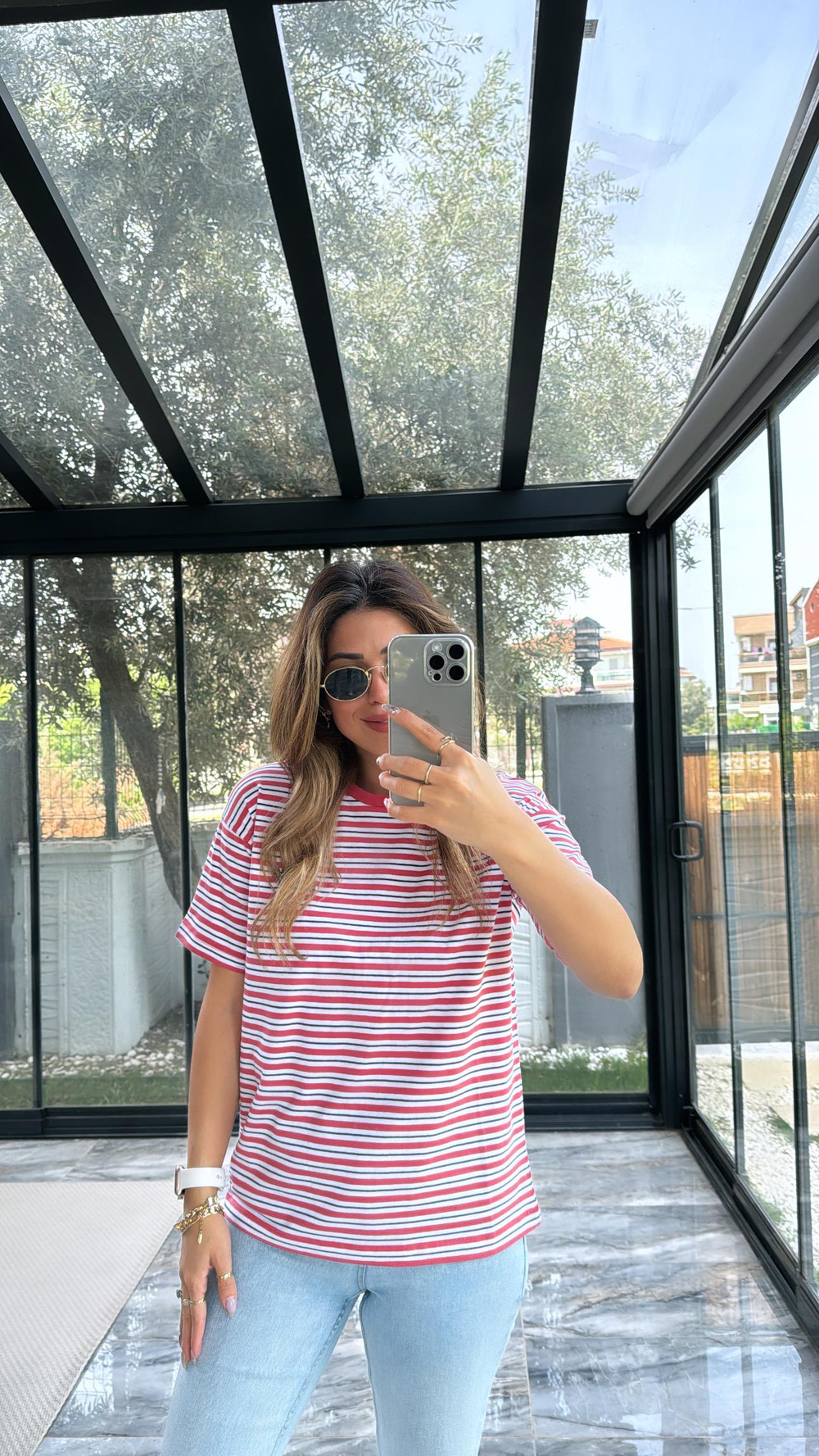 Pembe Orjinal Çizgili Tshirt