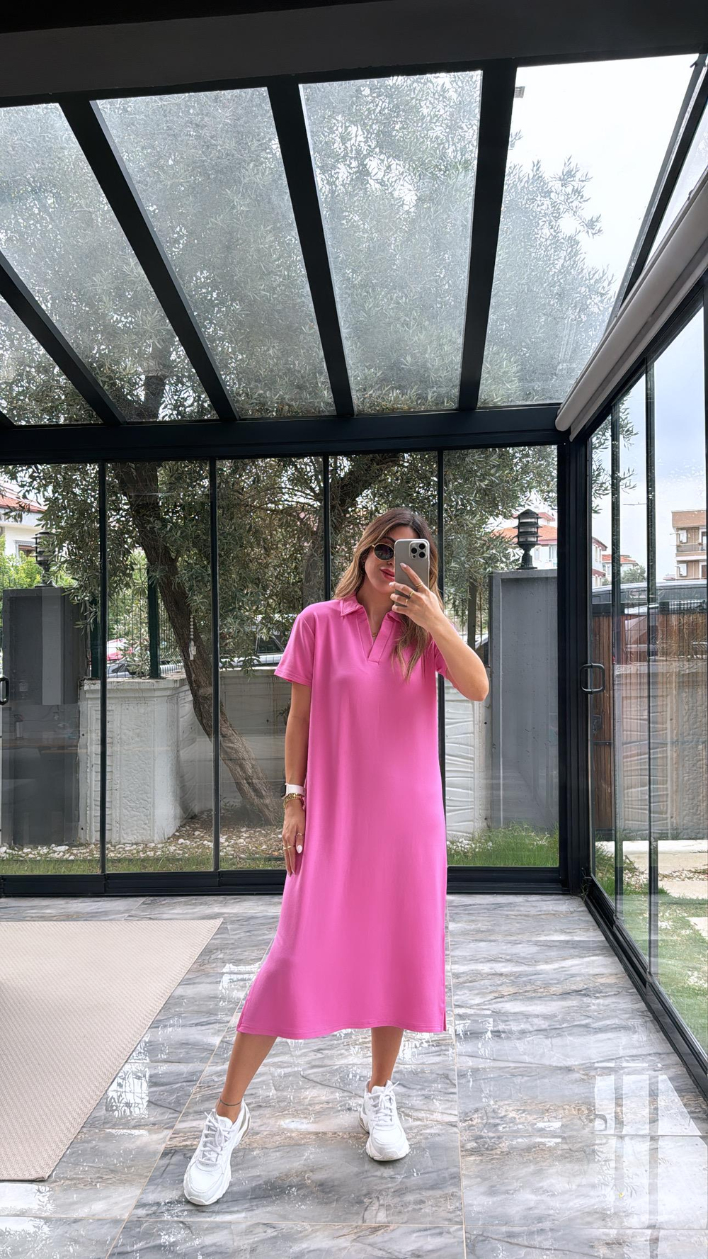 Pembe Polo Yakalı Elbise
