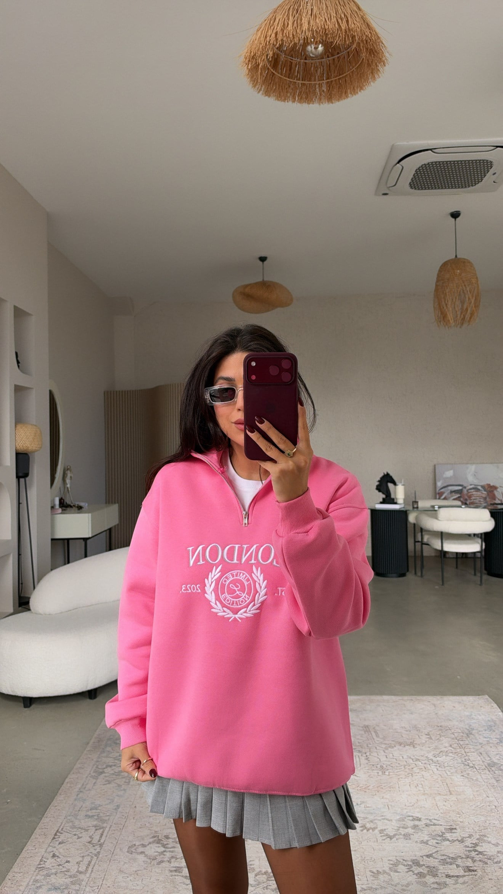 Pembe Şardonlu London Fermuarlı Sweatshirt