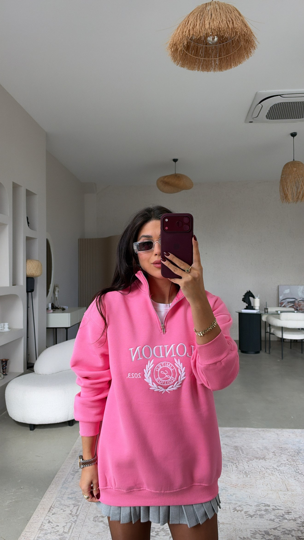 Pembe Şardonlu London Fermuarlı Sweatshirt