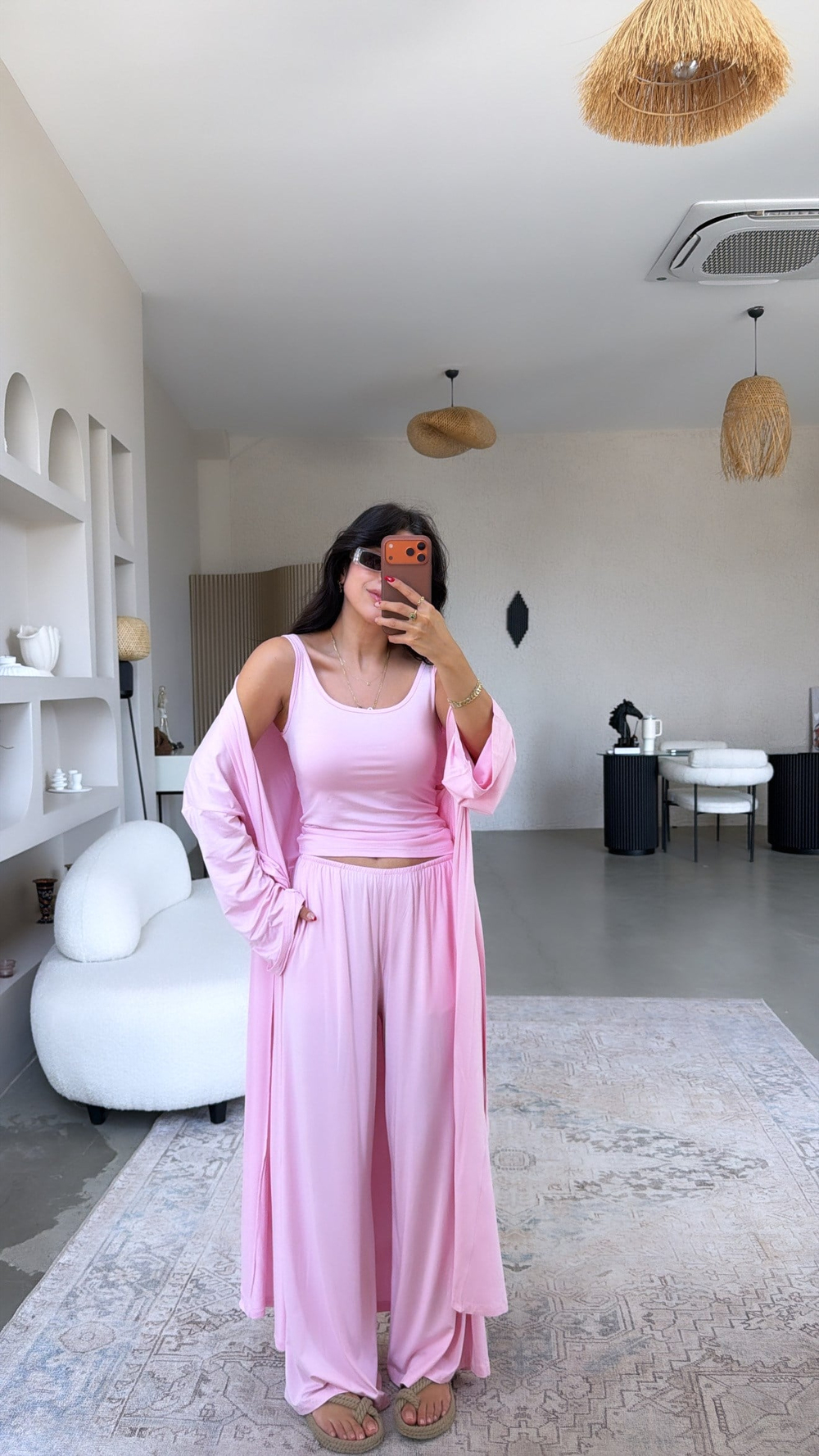 Pembe Viskon İnce Lastik Pantolon