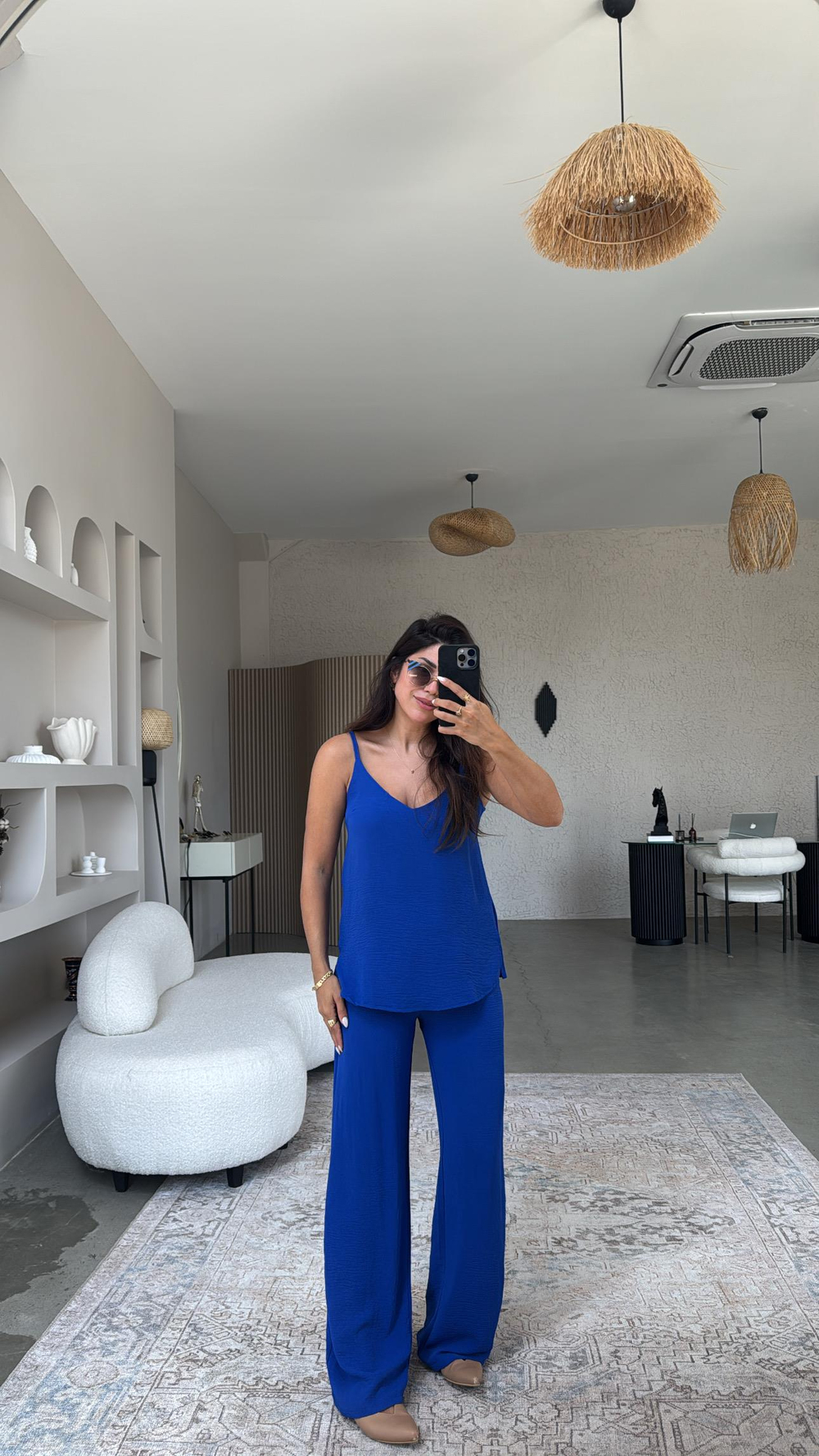 Saks Mavi İp Askılı Basic Tiril Takım