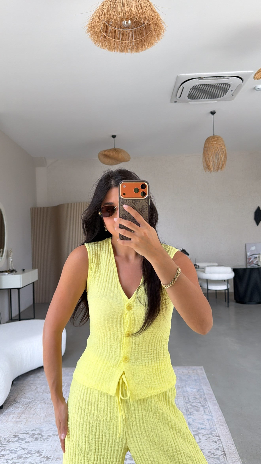 Sarı Bubble Kumaş Yelek Pantolon Takım