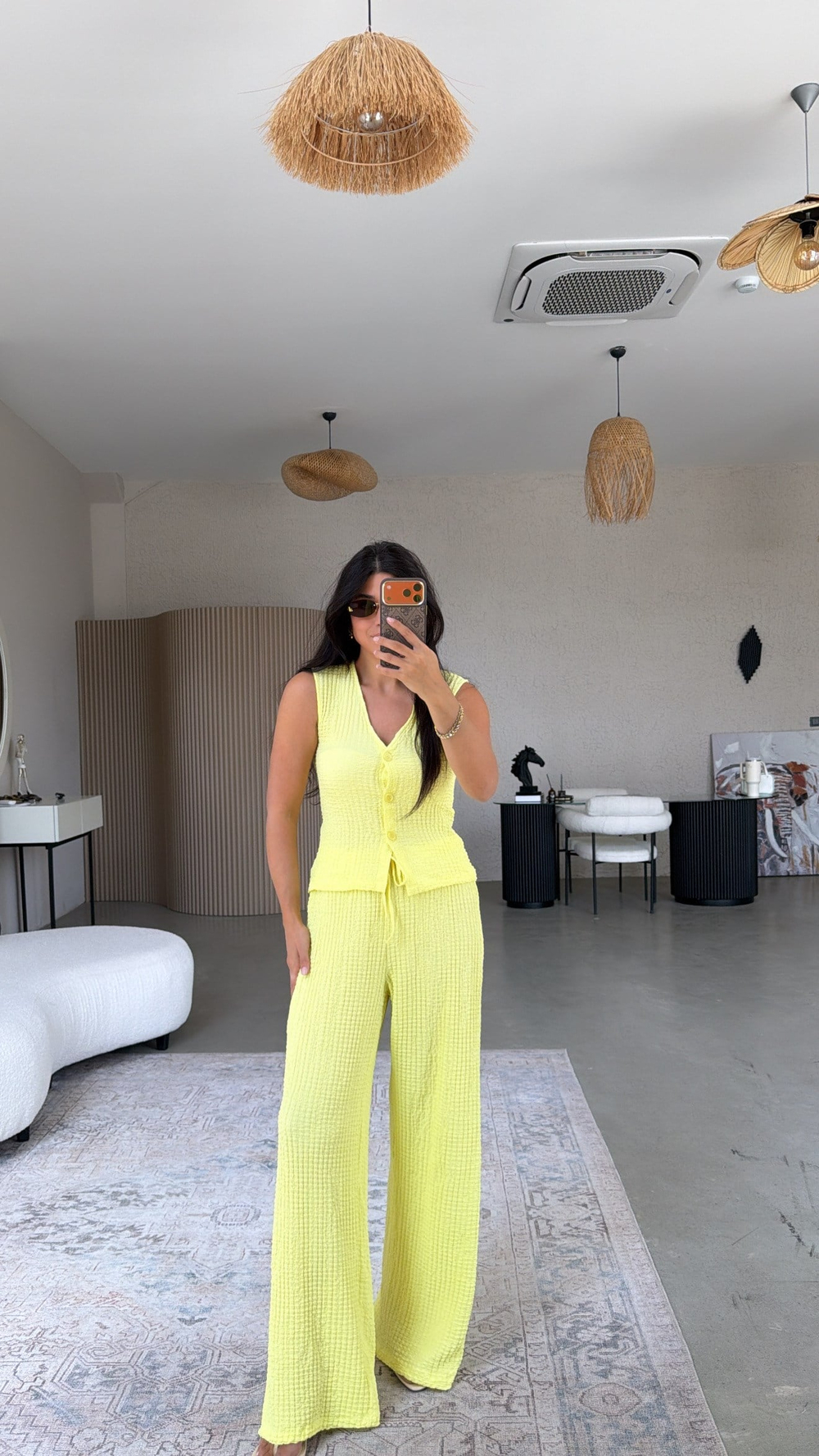 Sarı Bubble Kumaş Yelek Pantolon Takım