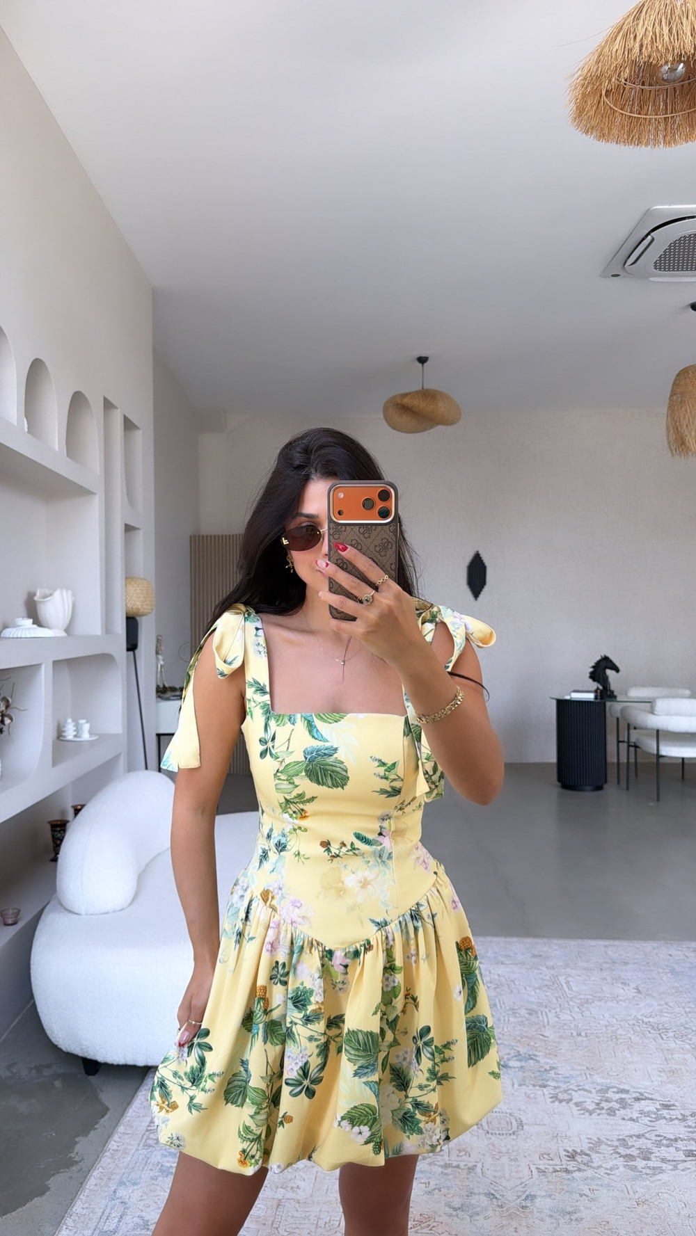 Sarı Çiçekli Krep Kumaş Beli Korseli Balon Elbise