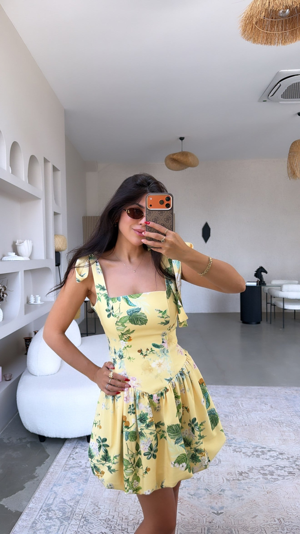 Sarı Çiçekli Krep Kumaş Beli Korseli Balon Elbise
