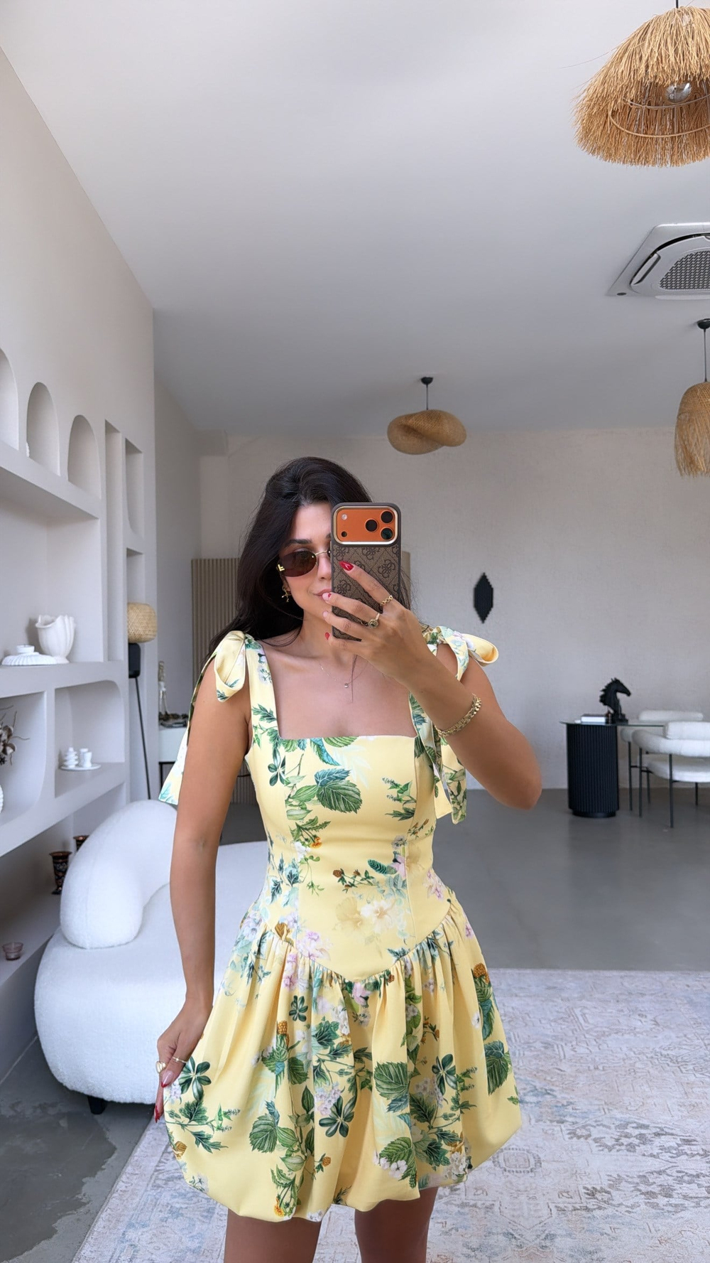Sarı Çiçekli Krep Kumaş Beli Korseli Balon Elbise