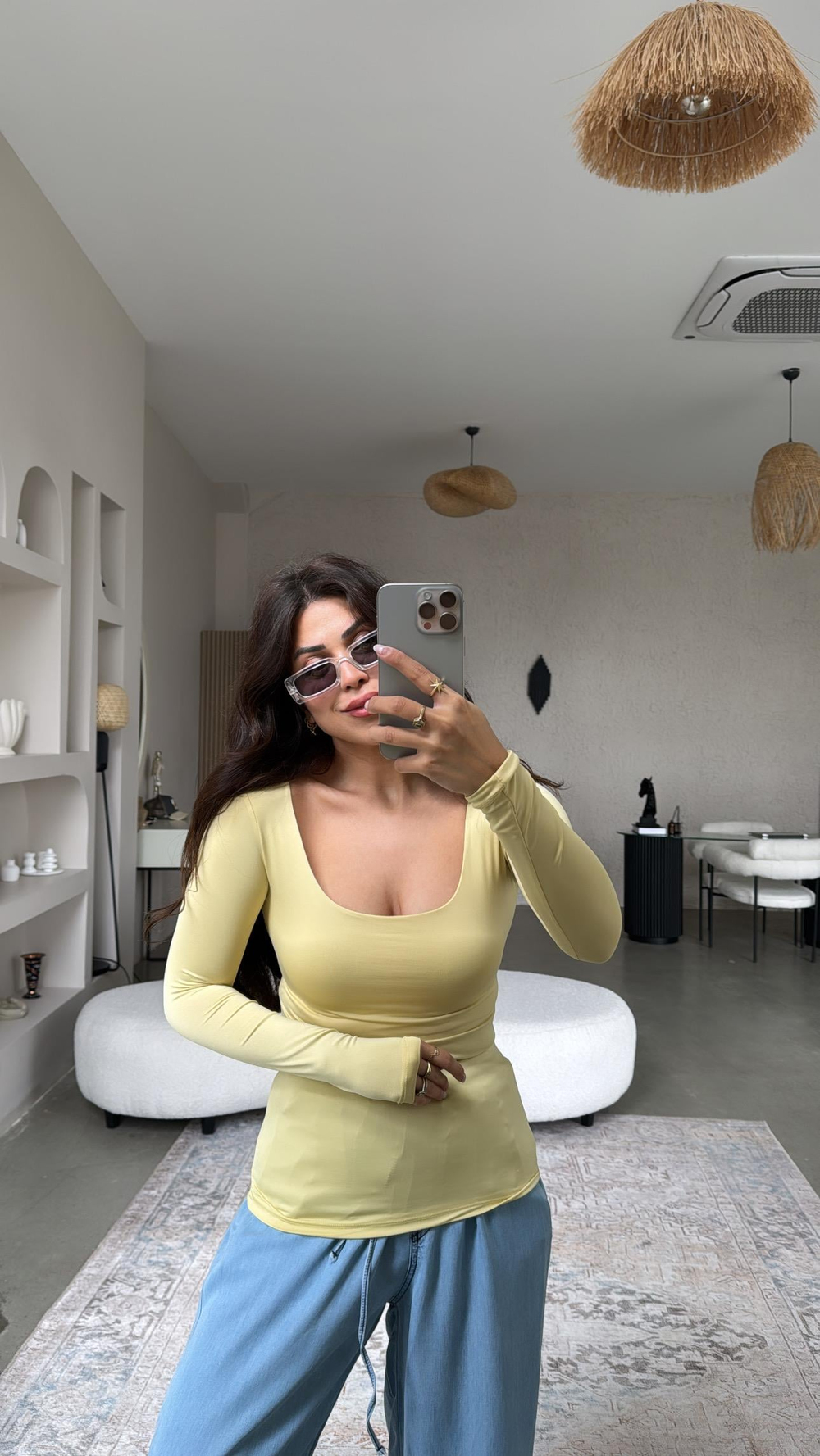 Sarı Kare Yaka Scuba Basic Bluz