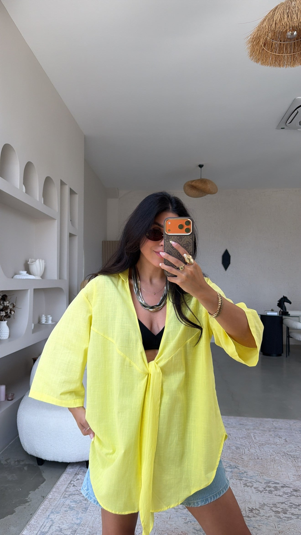 Sarı Keten Önden Bağlamalı Pareo Gömlek