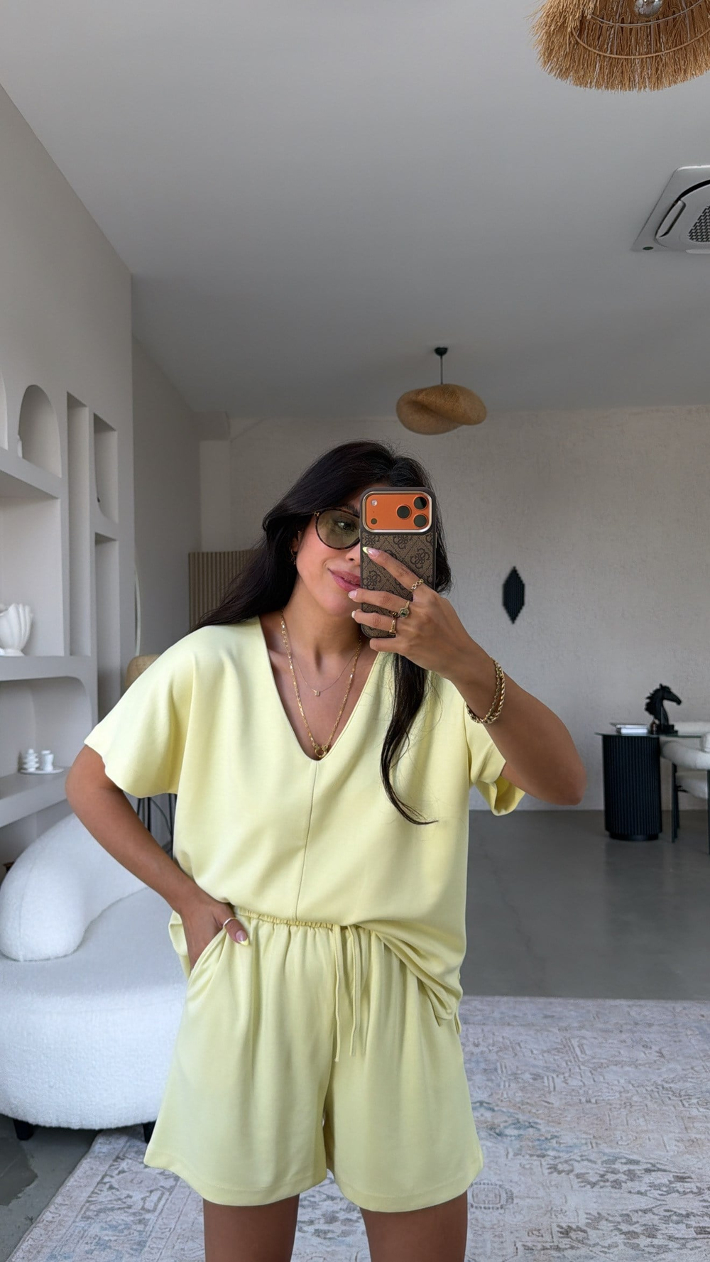 Sarı V Yaka Modal Şort Bluz Takım