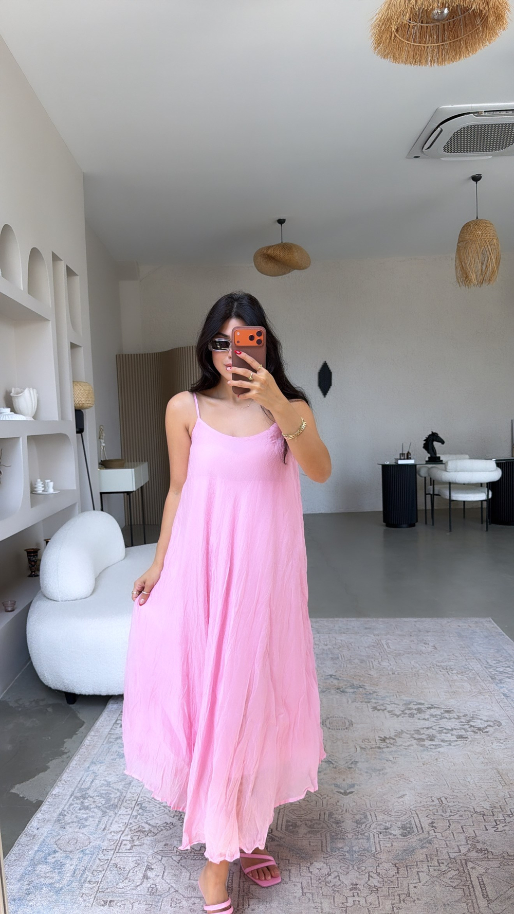 Şeker Pembe Kırışık Efektli Askılı Elbise