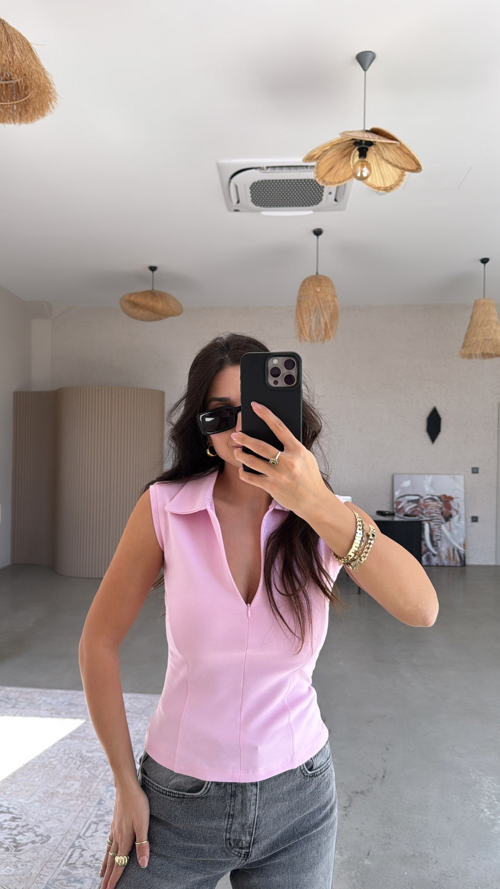 Şeker Pembe Yakalı Fermuarlı Basic