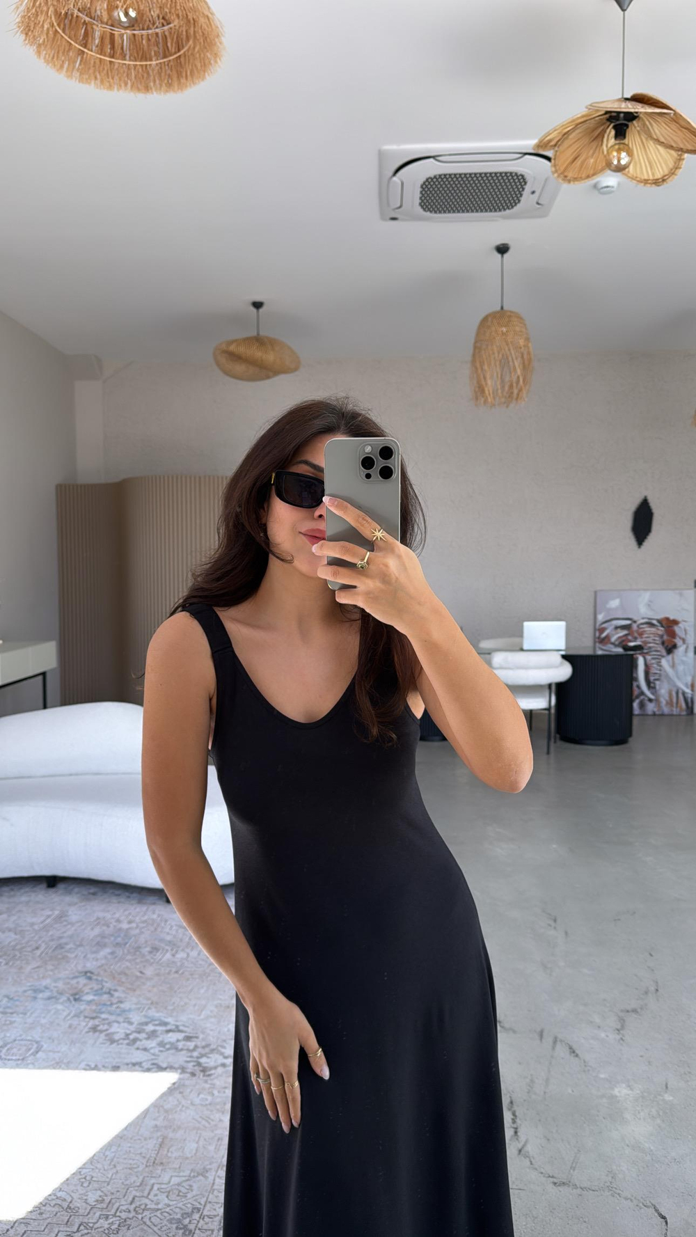 Siyah Askıları Lastikli Pike Modal Elbise