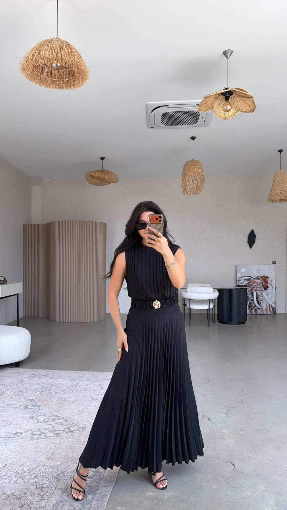 Siyah Astarlı Pileli Maxi Premium Şans Elbise