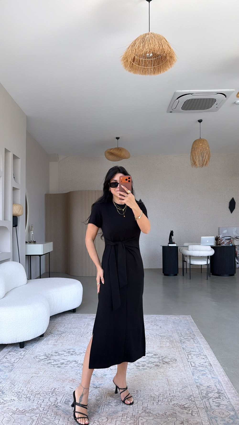Siyah Bağlamalı Kısa Kol Modal Elbise