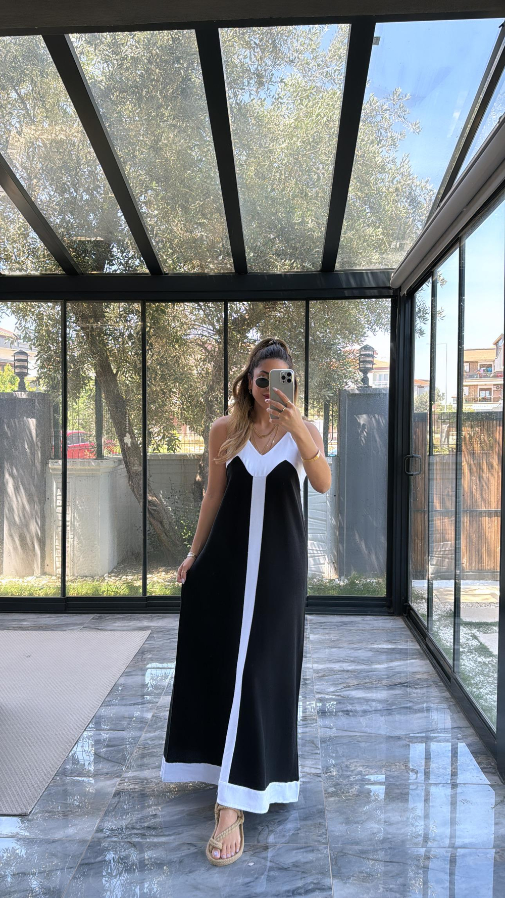Siyah Bloklu Keten Elbise
