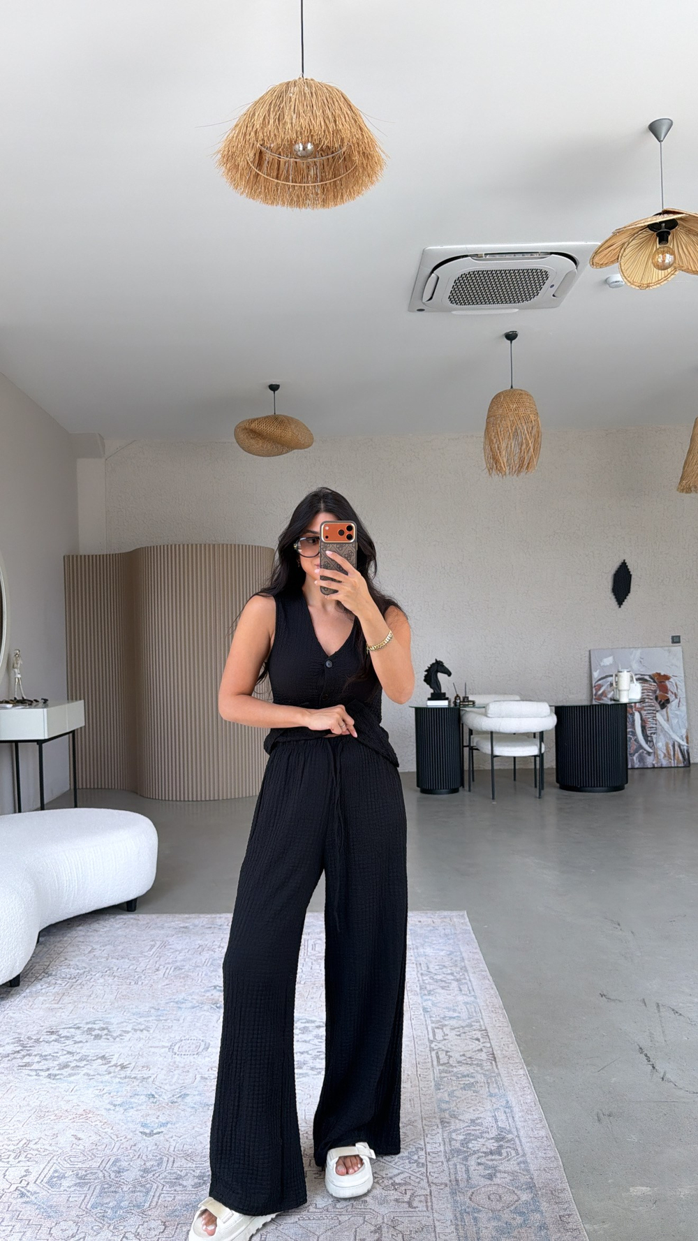 Siyah Bubble Kumaş Yelek Pantolon Takım