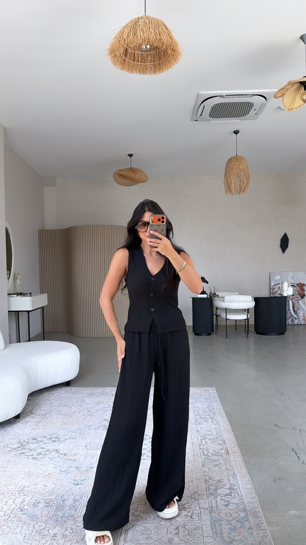 Siyah Bubble Kumaş Yelek Pantolon Takım