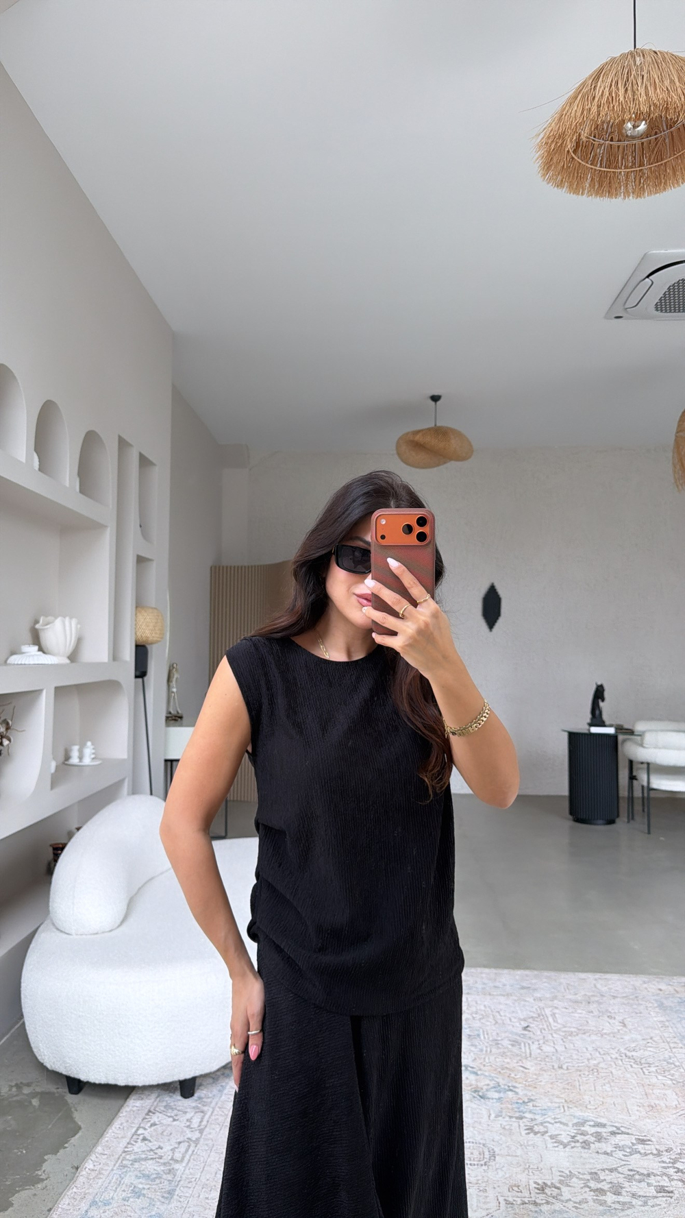 Siyah Bürümcük Bohem Büzgü Detaylı Bluz Etek Takım
