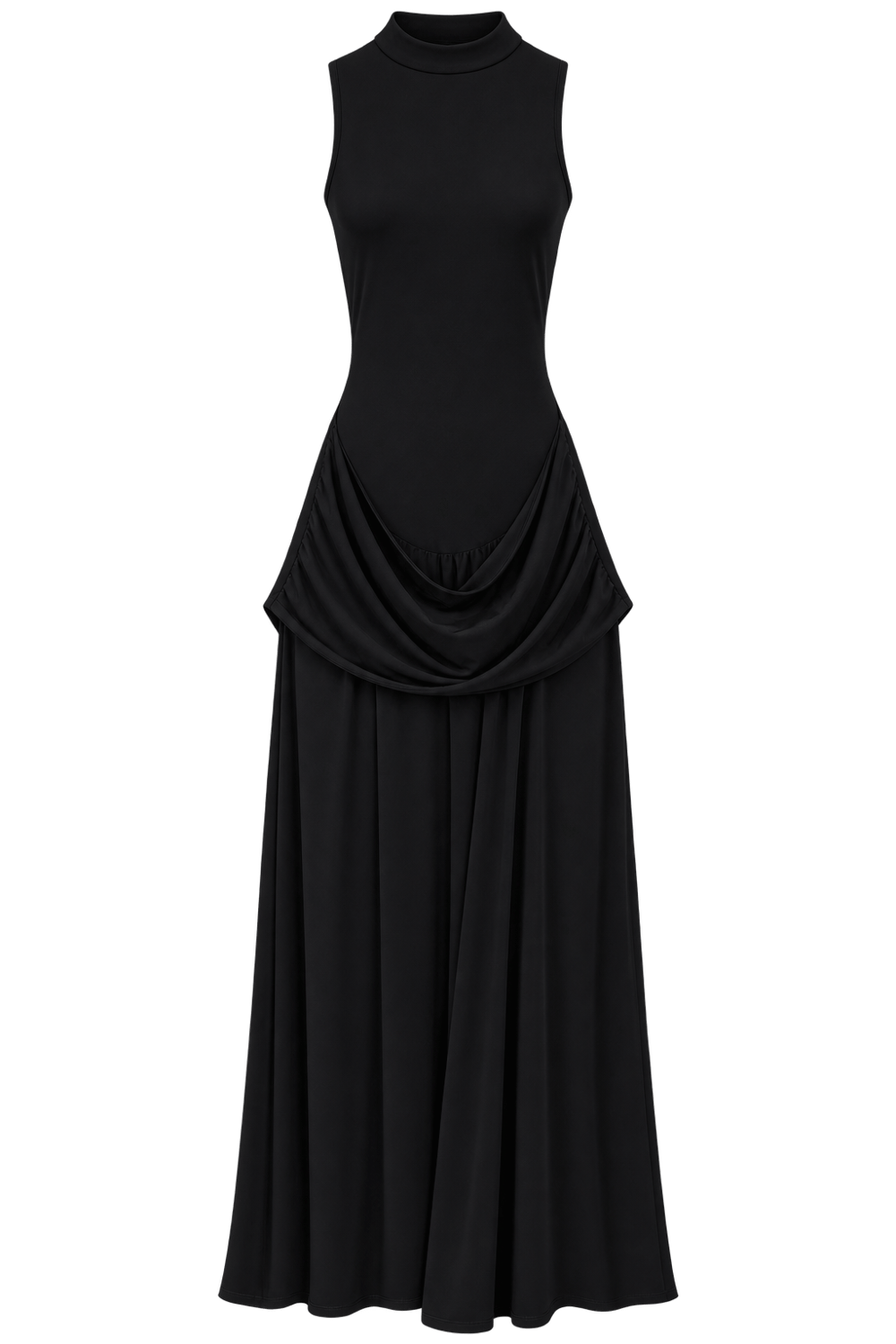 Siyah Buzzy Kumaş Beli Drape Detaylı Maxi Elbise